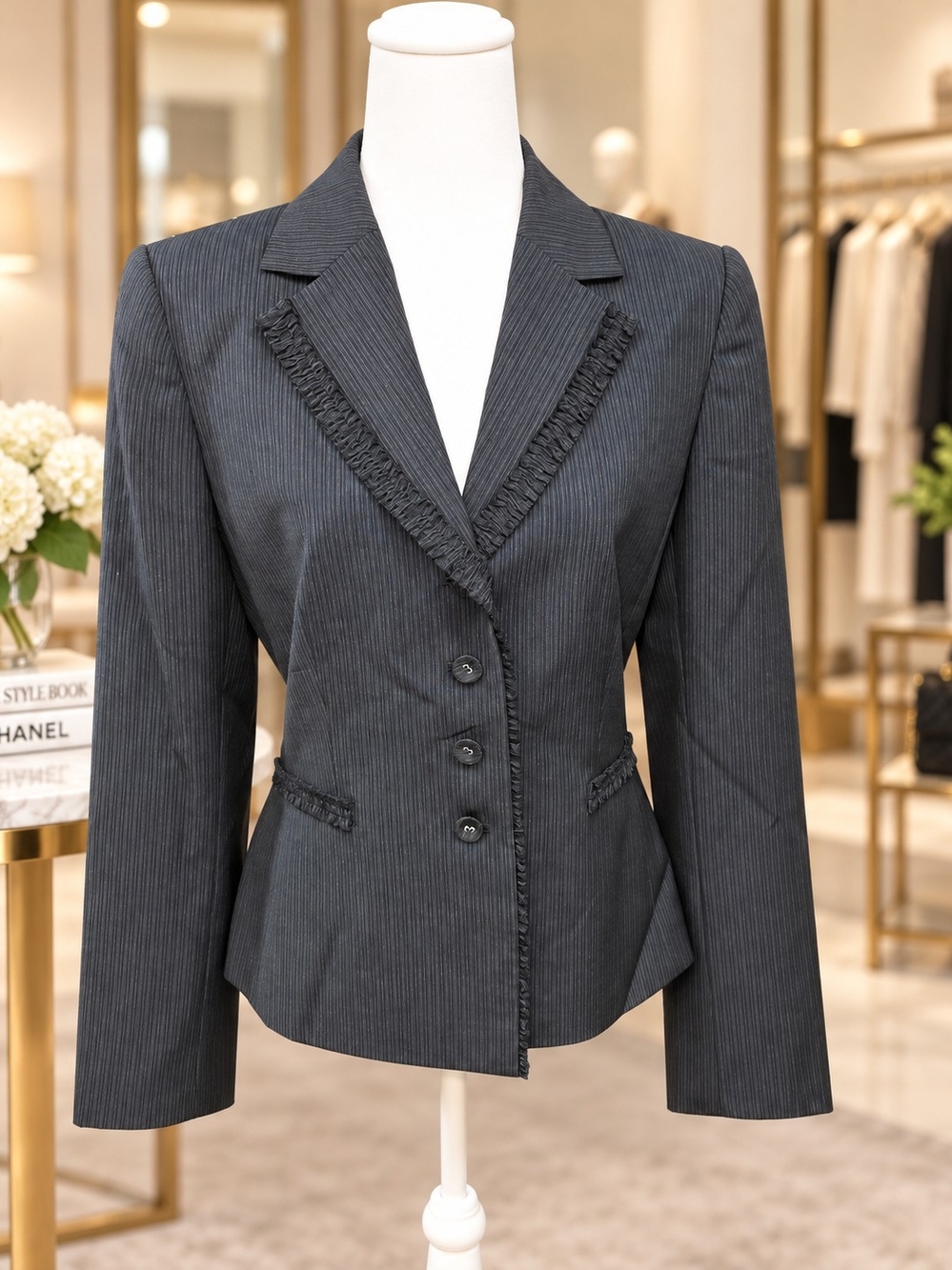 Tahari Size 8 Charcoal Pinstripe Wool Blazer Fringe Trim 3 Button - Picture 2 of 10
